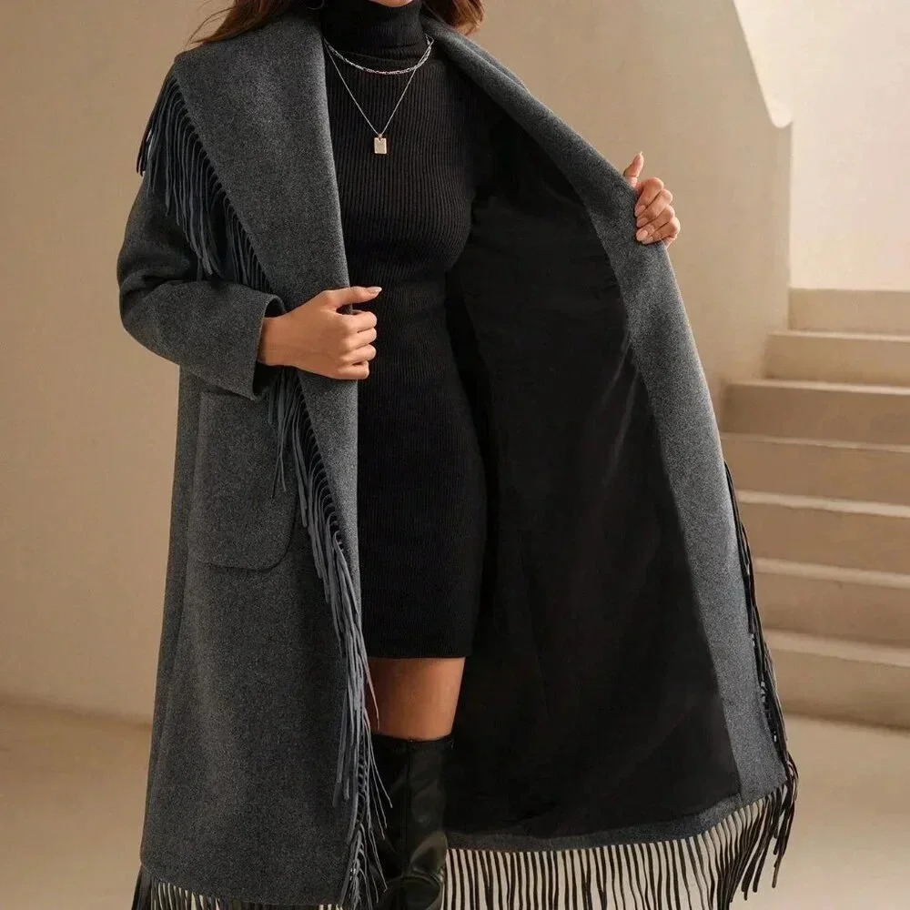 Grey Elegant Women's Faux Fur Collar Wool Blend Jacket With Fringe Trim - Picture 8 of 8